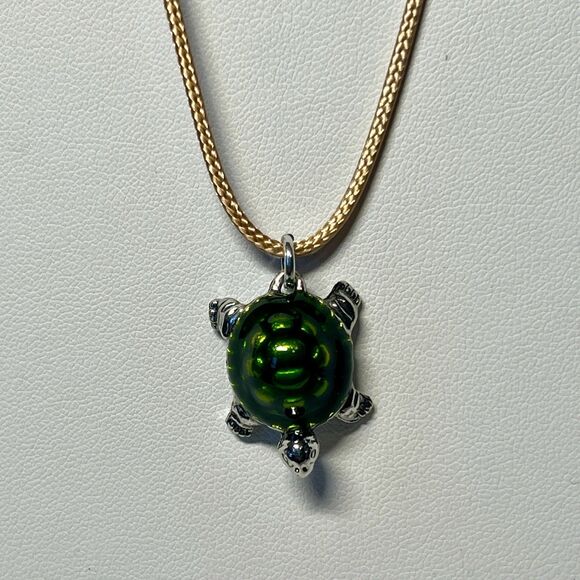 Green And Silver Turtle Charm Necklace On 18" Waxed Cord w/ Extension - Picture 1 of 9